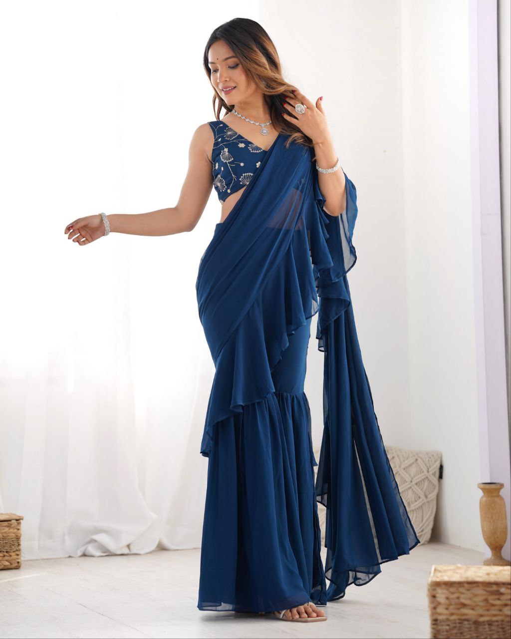 Ready To Wear Neavy Blue Soft Georgette Embroidery Work Saree With Blouse