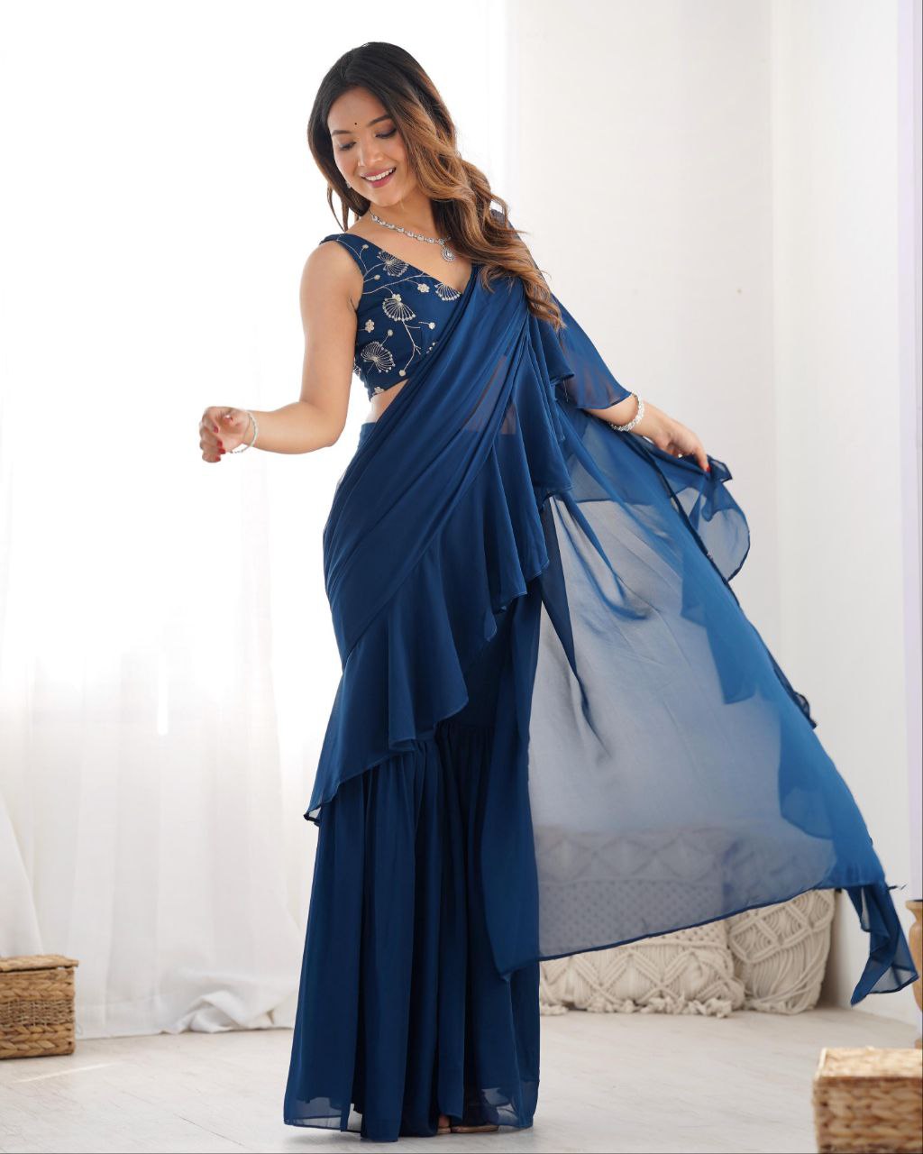 Ready To Wear Neavy Blue Soft Georgette Embroidery Work Saree With Blouse