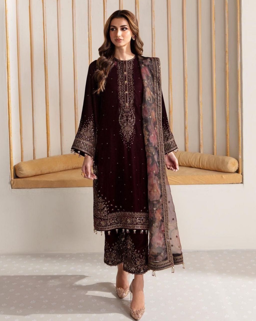 Exclusive Wine Micro Velvet Embroidery Work Pant Suit With Organza Dupatta