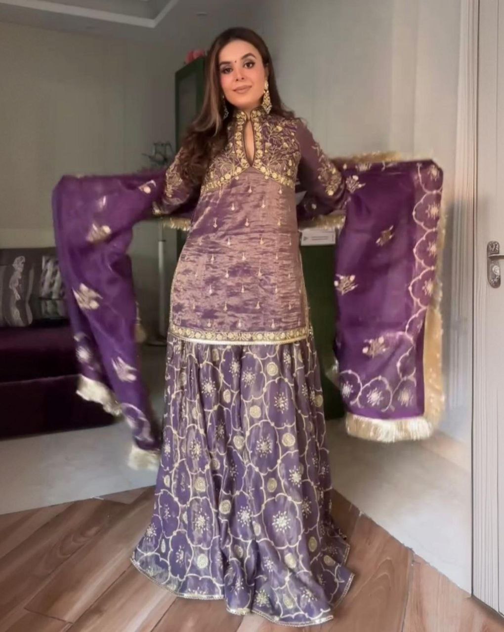 Ready To Wear Light Purple Pure Net Embroidery Work Sharara Suit With Dupatta