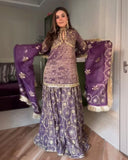 Ready To Wear Light Purple Pure Net Embroidery Work Sharara Suit With Dupatta