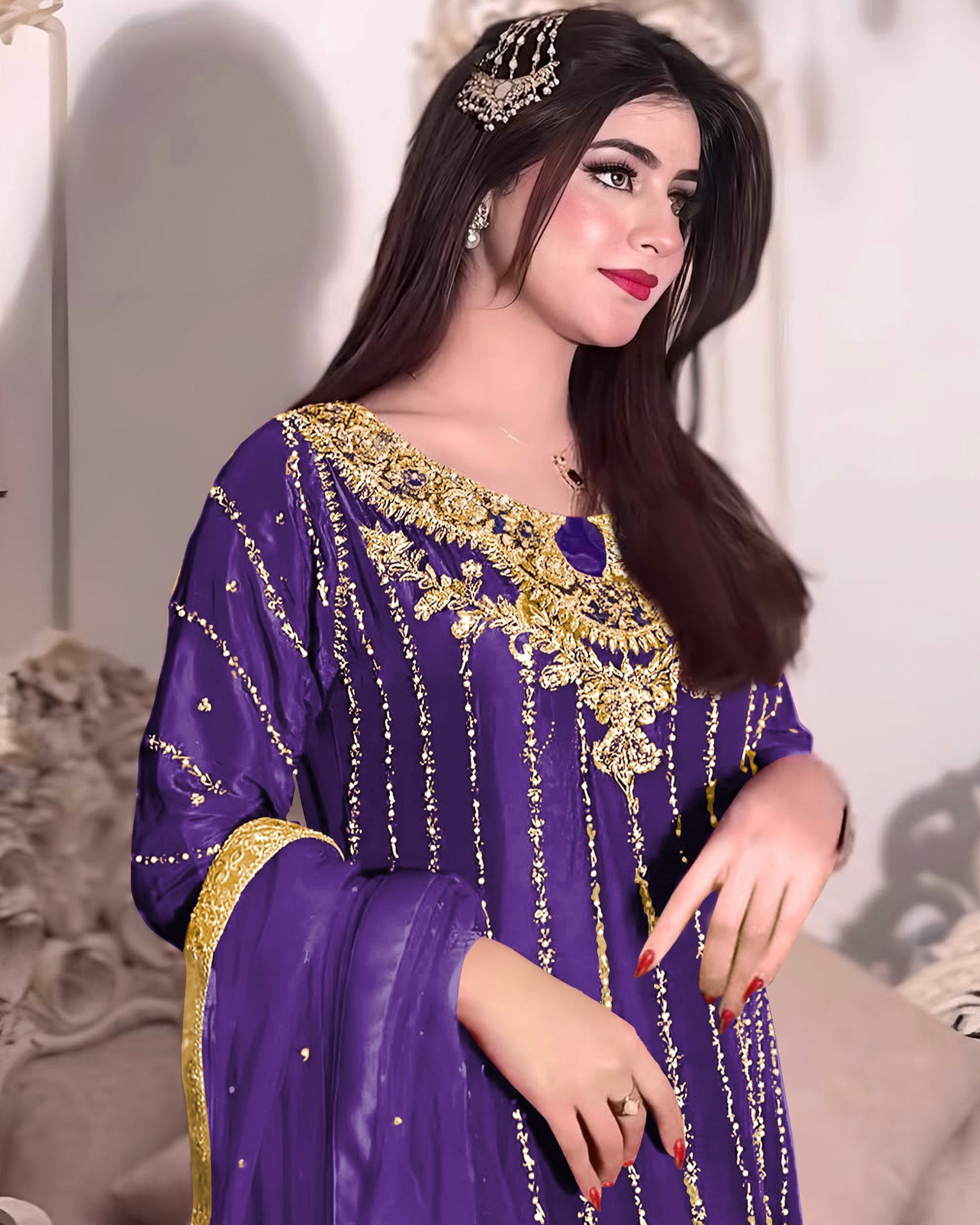 Exclusive Multi Chinon Silk Embroidery Work Pakistani Suit With Dupatta