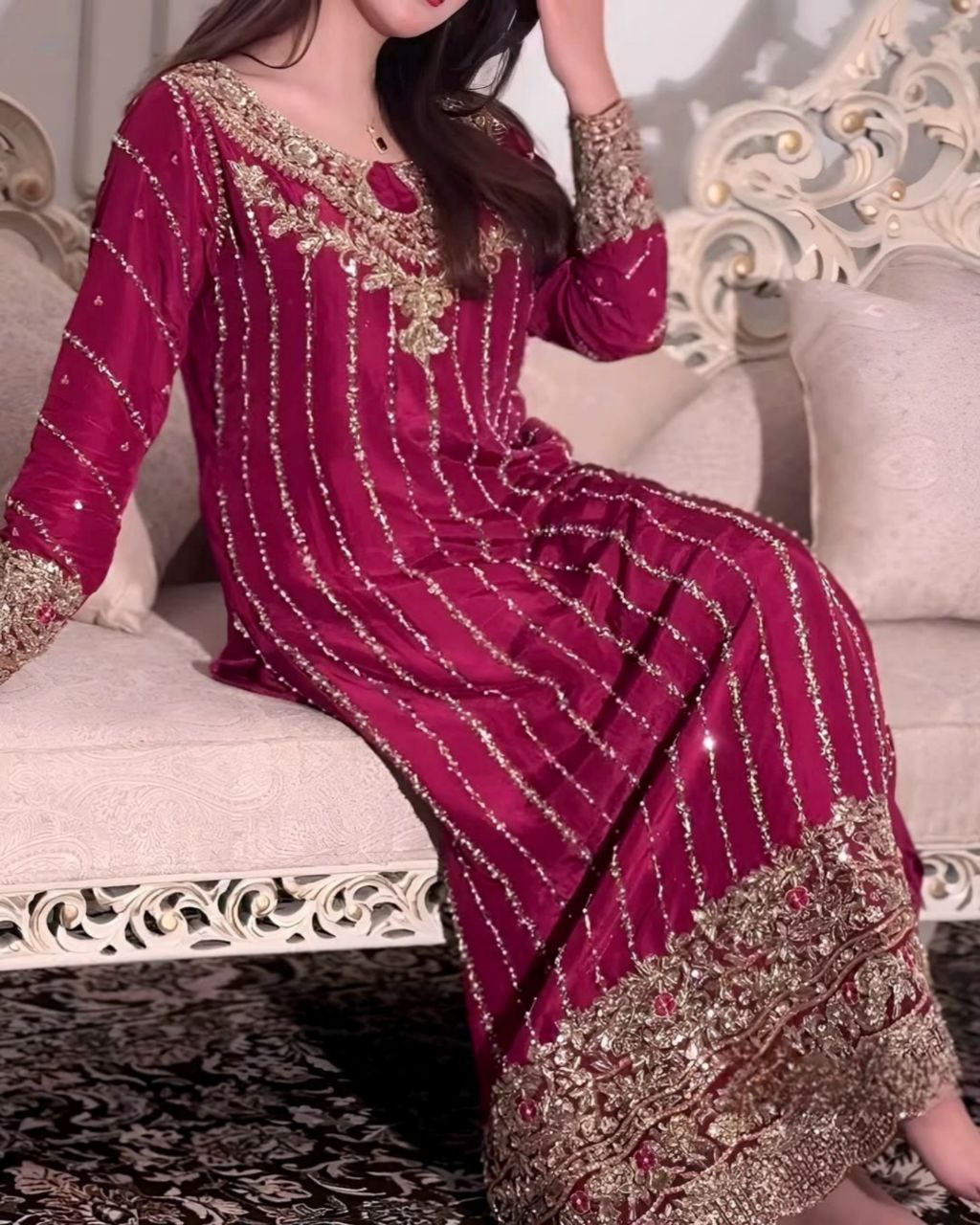 Ready To Wear Pink , Black & Green Chinon Silk Embroidery Work Pakistani Suit With Dupatta