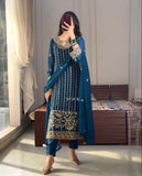 Ready To Wear Blue Chinon Silk Embroidery Work Pakistani Suit With Dupatta