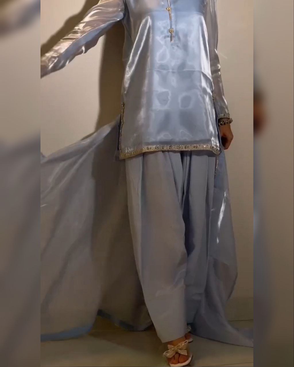 Ready To Wear Powder Blue Jimmy Silk Embroidery Work Farshi Suit With Dupatta