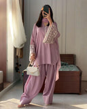 Ready To Wear Lilac Satin Silk Embroidery Work Farshi Suit With Dupatta