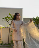 Ready To Wear Cream Satin Silk Embroidery Work Farshi Suit With Dupatta