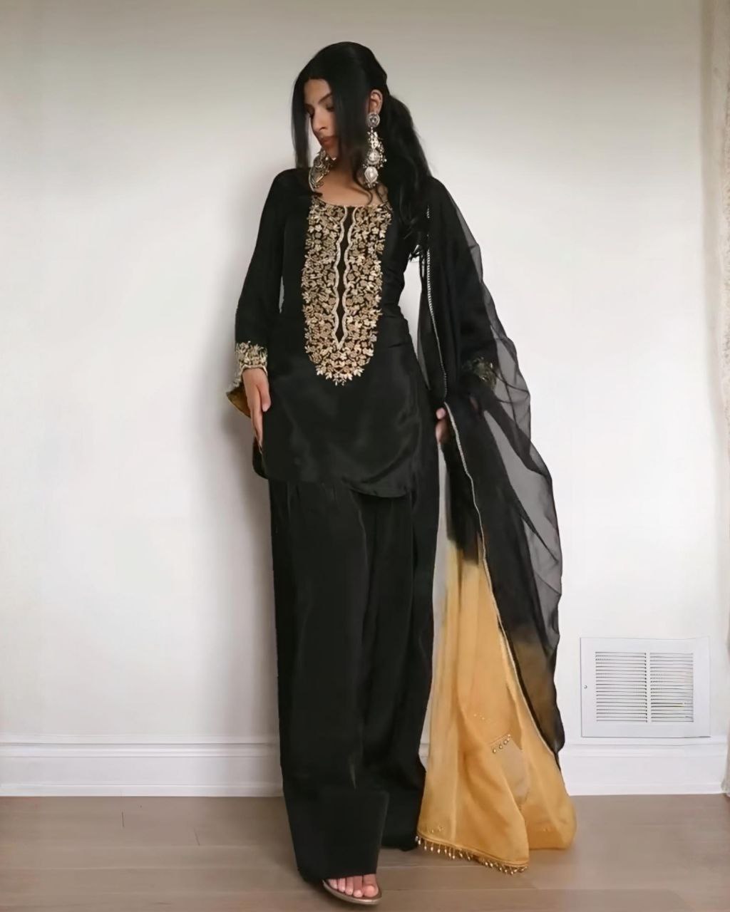Exclusive Black Satin Silk Sequence Work Farshi Suit With Shaded Dupatta