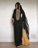 Exclusive Black Satin Silk Sequence Work Farshi Suit With Shaded Dupatta