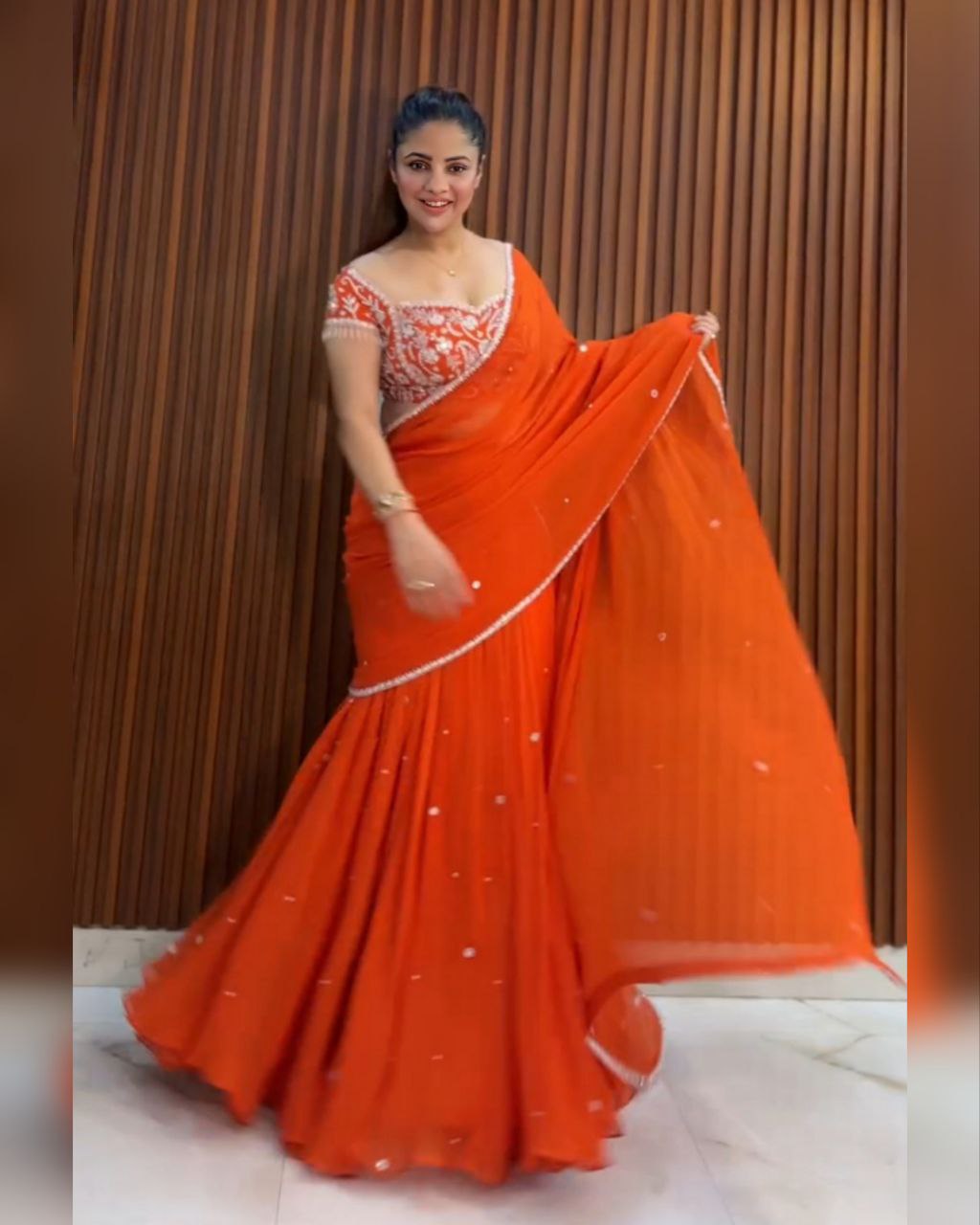 Ready To Wear Blue , Orange & Pink Soft Georgette Embroidery Work Lehenga Saree With Blouse