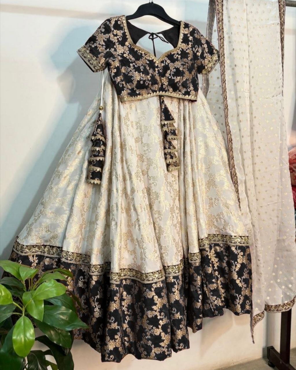 Ready To Wear Cream With Green , Yellow , Red & Black Silk Embroidery Work Lehenga Choli With Dupatta