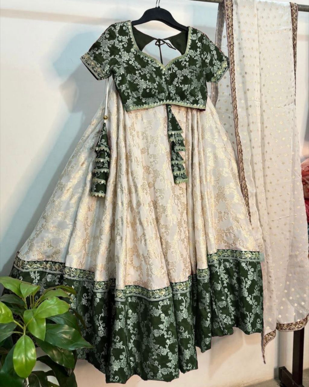 Ready To Wear Cream With Green , Yellow , Red & Black Silk Embroidery Work Lehenga Choli With Dupatta