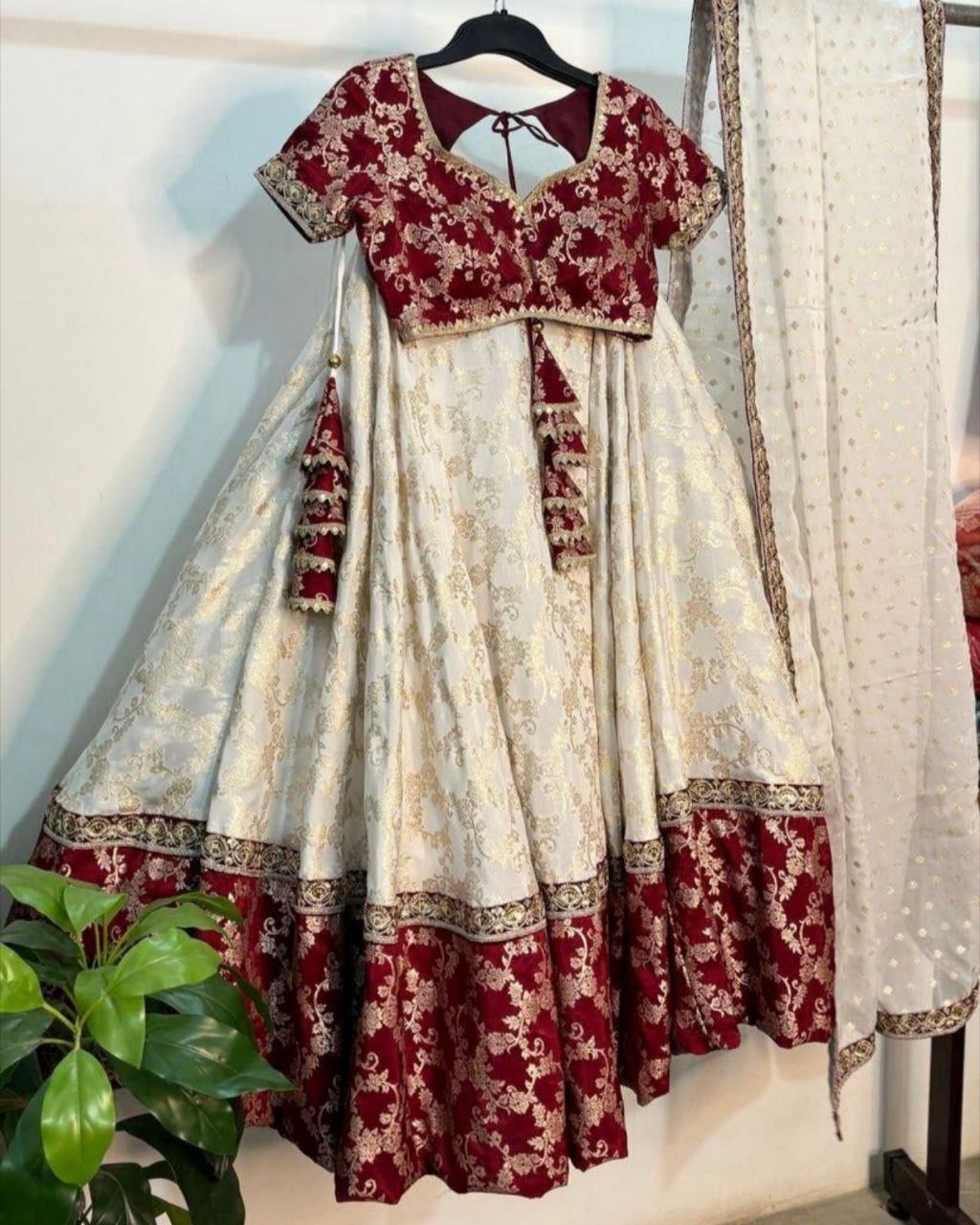 Ready To Wear Cream With Green , Yellow , Red & Black Silk Embroidery Work Lehenga Choli With Dupatta