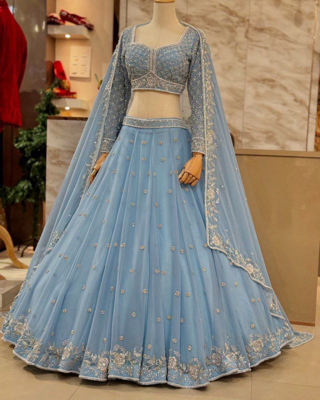 Ready To Wear Powder Blue Faux Georgette Embroidery Work Lehenga Choli With Dupatta