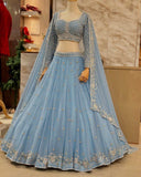 Ready To Wear Powder Blue Faux Georgette Embroidery Work Lehenga Choli With Dupatta