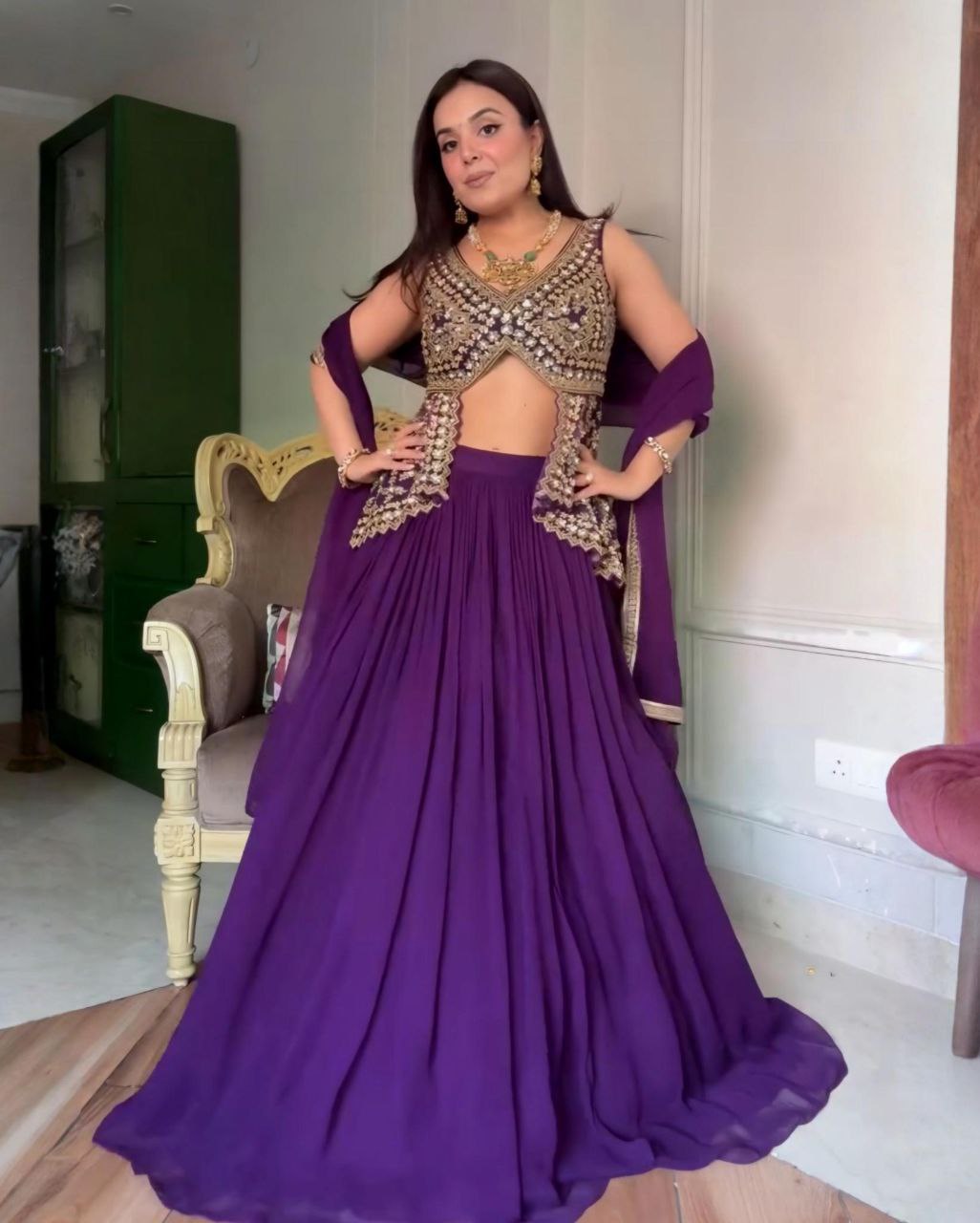 Ready To Wear Purple Georgette Embroidery Work Lehenga Choli With Dupatta