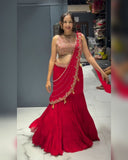 Ready To Wear Red Soft Georgette Embroidery Work Lehenga Saree With Blouse