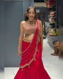 Ready To Wear Red Soft Georgette Embroidery Work Lehenga Saree With Blouse