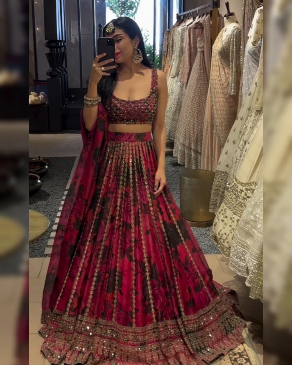 Ready To Wear Dark Pink Organza Silk Embroidery Work Lehenga Choli With Dupatta