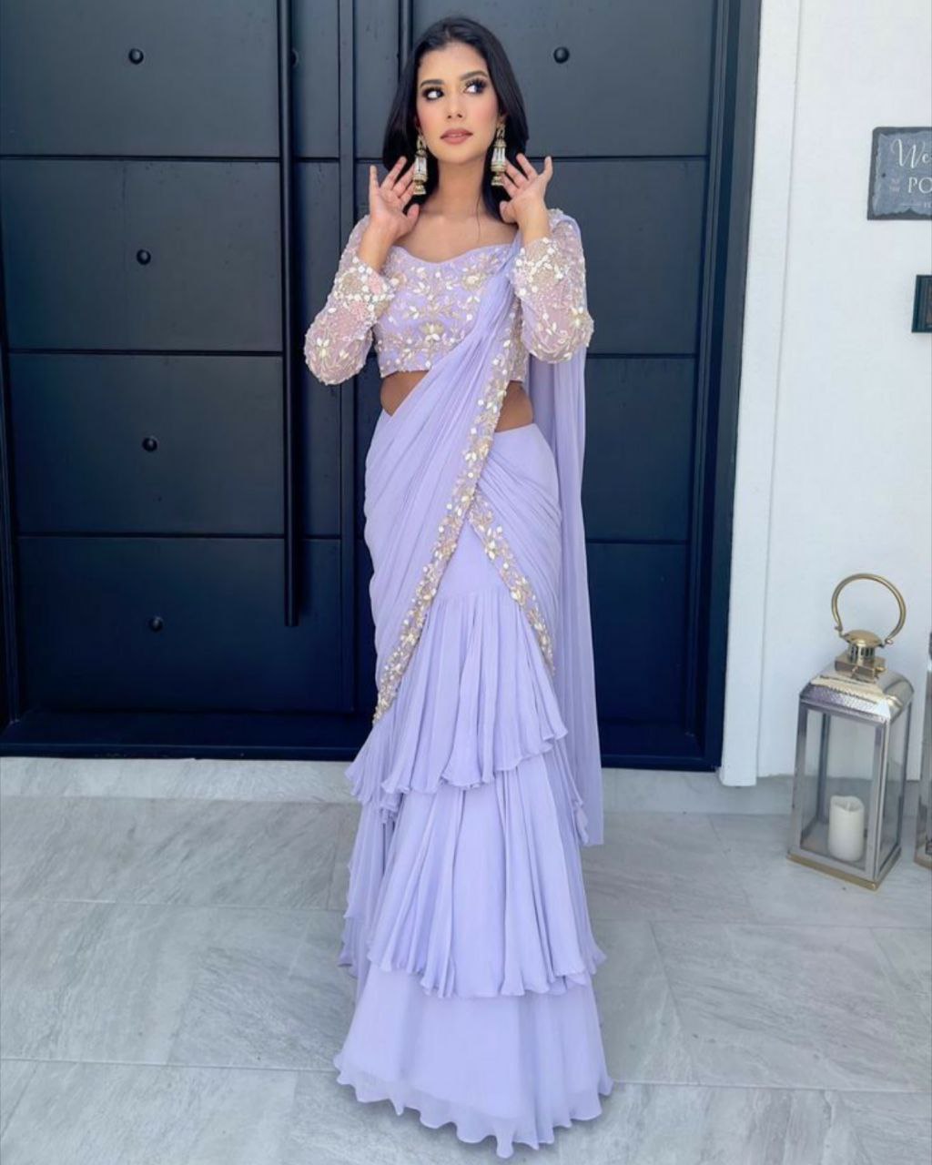 Ready To Wear Light Purple Silk Embroidery Work Lehenga Saree With Blouse