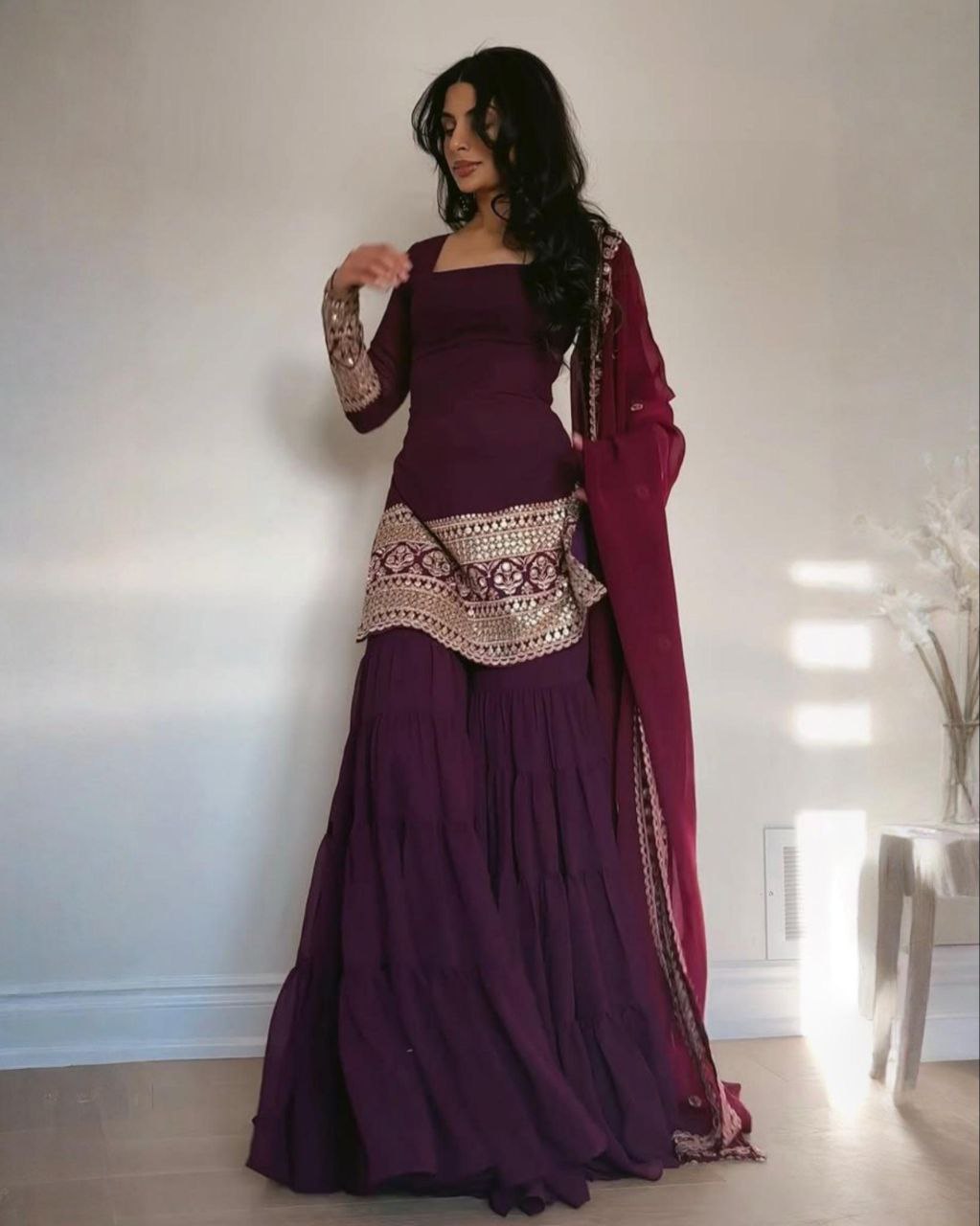 Ready To Wear Wine , Blue , Purple & Green Soft Georgette Sequence Work Gharara Suit With Dupatta