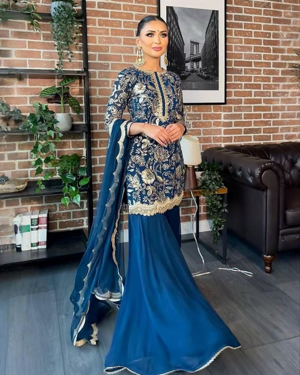 Ready To Wear Royal Blue Soft Georgette Embroidery Work Sharara Suit With Dupatta