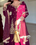 Ready To Wear Wine Soft Georgette Embroidery Work Sharara Suit With Dupatta