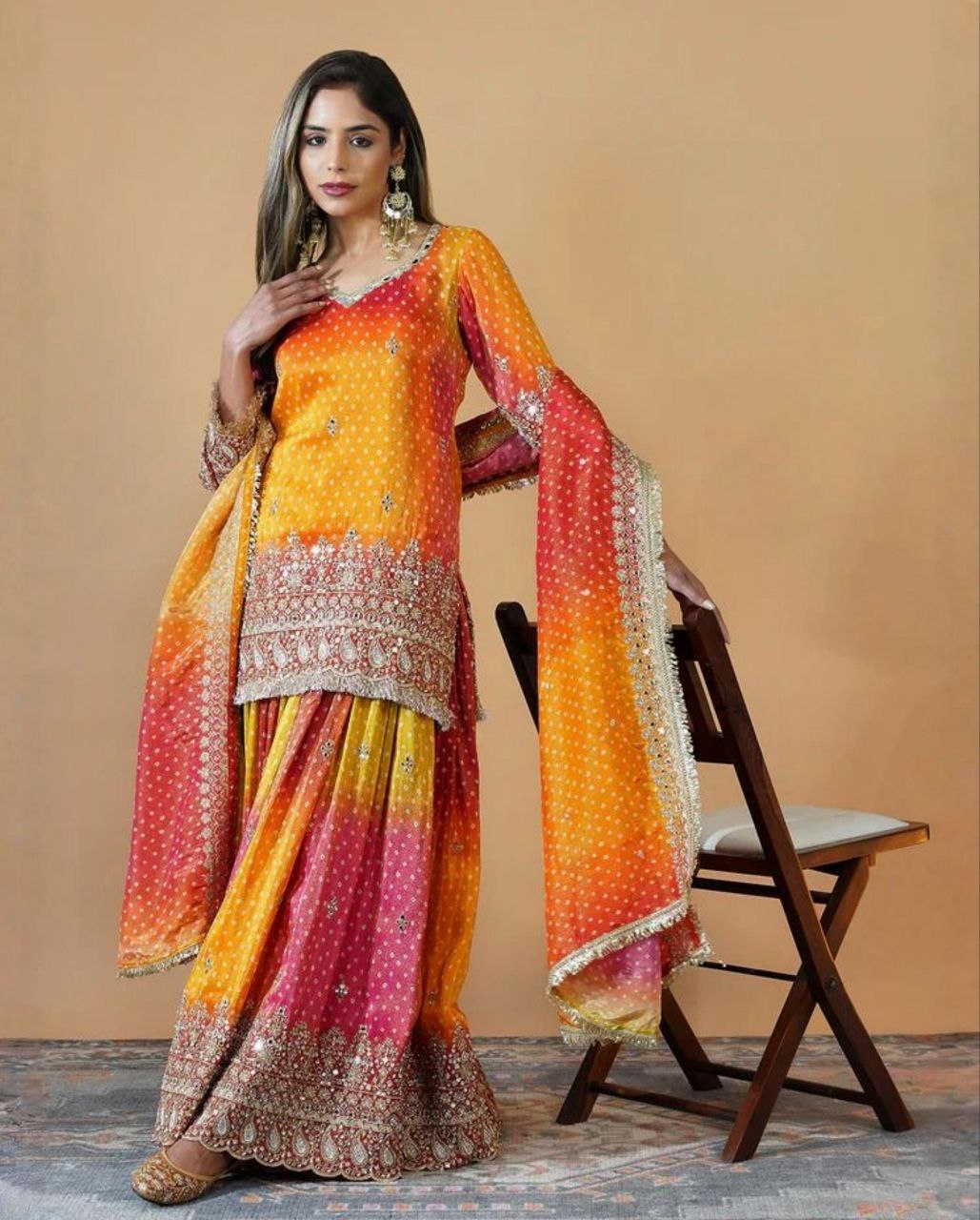 Ready To Wear Red-Yellow Chinon Silk Embroidery Work Sharara Suit With Dupatta