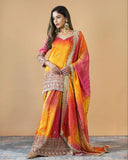 Ready To Wear Red-Yellow Chinon Silk Embroidery Work Sharara Suit With Dupatta