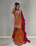 Ready To Wear Orange Soft Georgette Embroidery Work Gharara Suit With Dupatta
