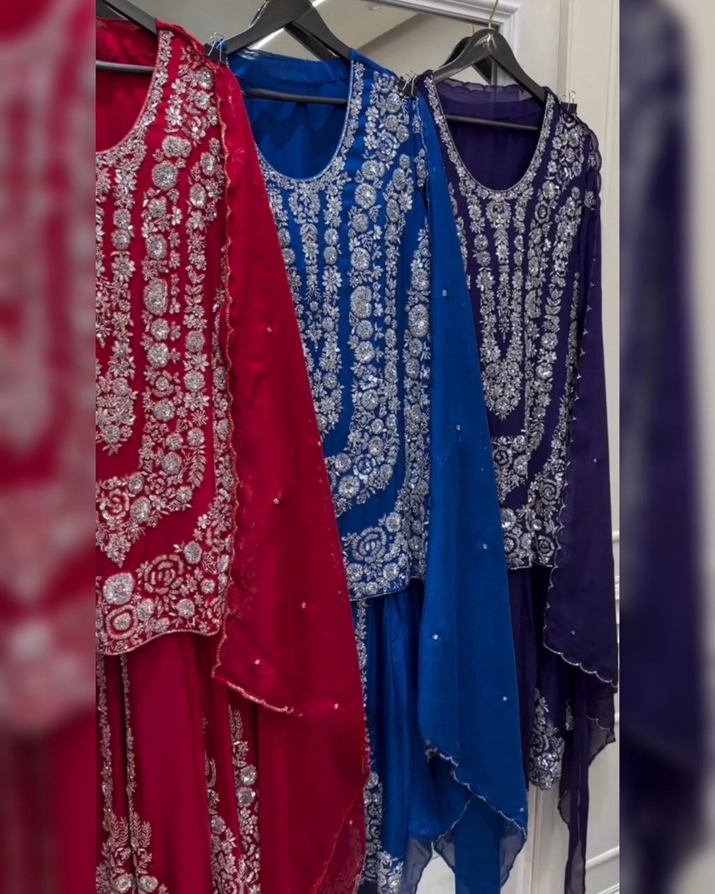 Ready To Wear Red , Blue & Purple Soft Georgette Embroidery Work Sharara Suit With Dupatta