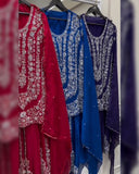 Ready To Wear Red , Blue & Purple Soft Georgette Embroidery Work Sharara Suit With Dupatta
