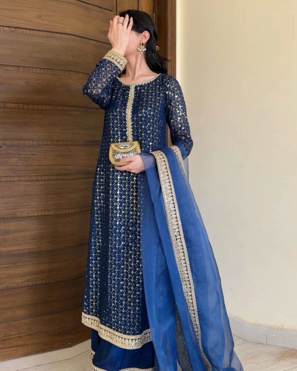 Ready To Wear Royal Blue Soft Georgette Sequence Work Pakistani Suit With Dupatta