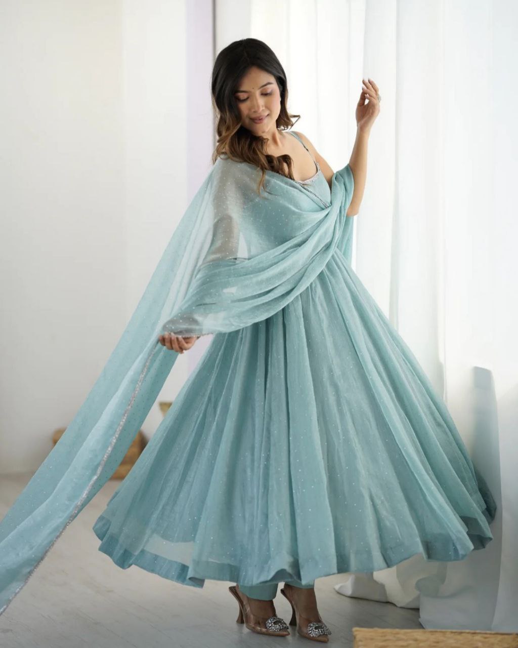 Ready To Wear Sea Green Silk Hand Work Anarkali Suit With Dupatta