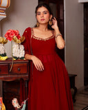Exclusive Dark Red Soft Georgette Embroidery Work Nayra-Cut Sharara Suit With Dupatta