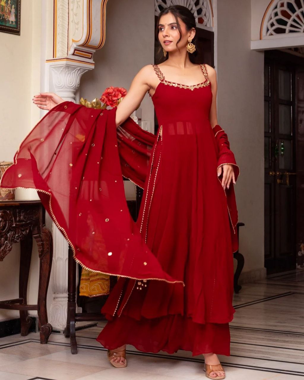 Exclusive Dark Red Soft Georgette Embroidery Work Nayra-Cut Sharara Suit With Dupatta