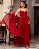 Exclusive Dark Red Soft Georgette Embroidery Work Nayra-Cut Sharara Suit With Dupatta