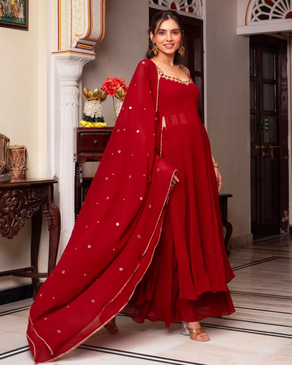 Exclusive Dark Red Soft Georgette Embroidery Work Nayra-Cut Sharara Suit With Dupatta