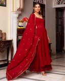 Exclusive Dark Red Soft Georgette Embroidery Work Nayra-Cut Sharara Suit With Dupatta