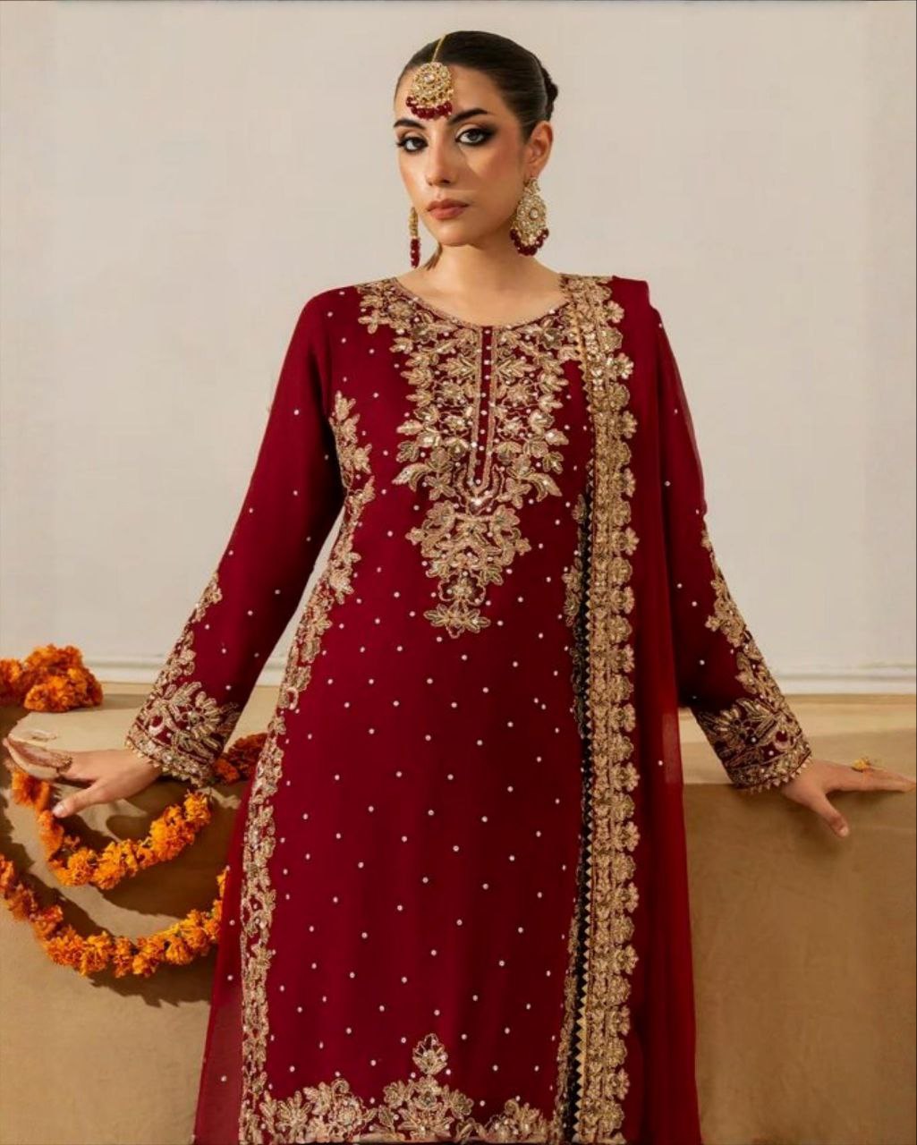 Ready To Wear Maroon Soft Georgette Embroidery Work Palazo Suit With Dupatta