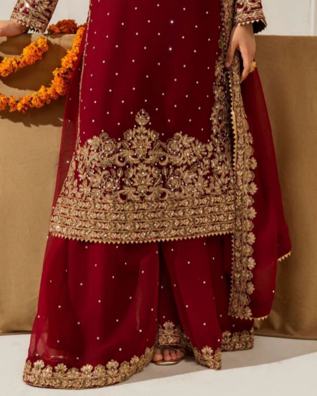 Ready To Wear Maroon Soft Georgette Embroidery Work Palazo Suit With Dupatta