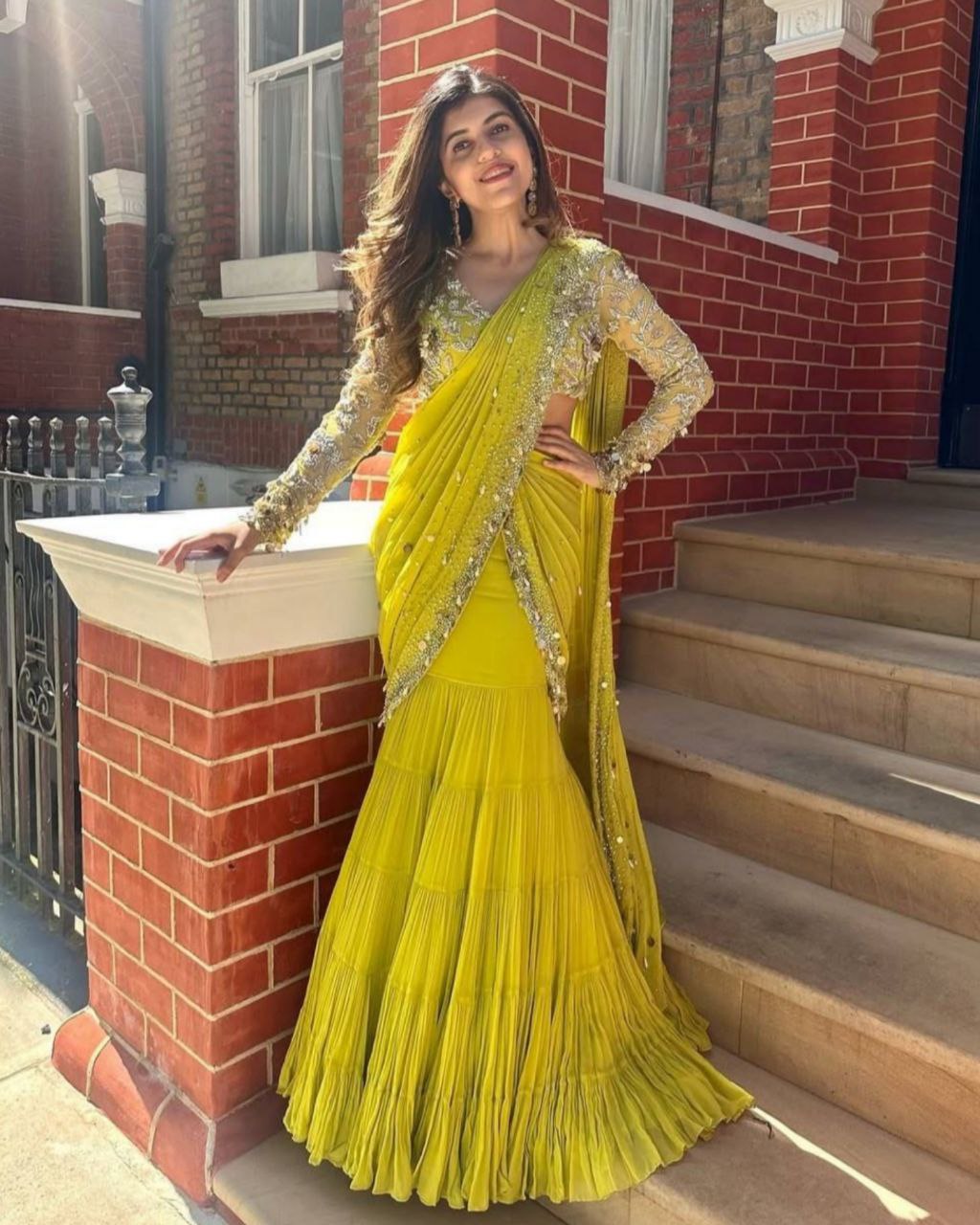 Ready To Wear Lime Yellow Soft Georgette Embrodiery Work Lehenga Saree With Blouse
