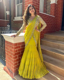 Ready To Wear Lime Yellow Soft Georgette Embrodiery Work Lehenga Saree With Blouse