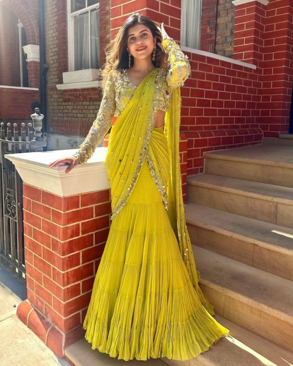 Ready To Wear Lime Yellow Soft Georgette Embrodiery Work Lehenga Saree With Blouse