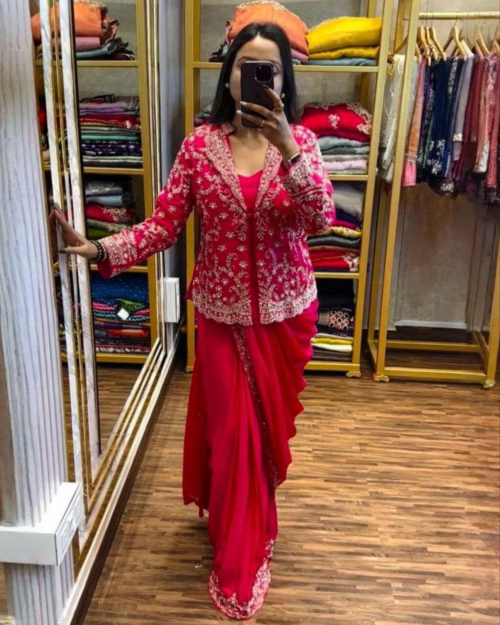 Ready To Wear Hot Pink Silk Embroidery Work Saree With Blouse And Koti