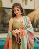 Ready To Wear Dhani Green Chinon Silk Embroidery Work Anarkali Suit With Multi Dupatta