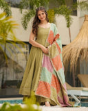 Ready To Wear Dhani Green Chinon Silk Embroidery Work Anarkali Suit With Multi Dupatta