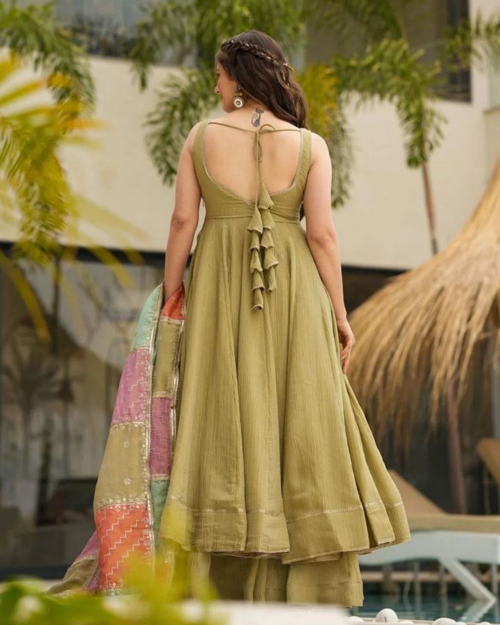 Ready To Wear Dhani Green Chinon Silk Embroidery Work Anarkali Suit With Multi Dupatta