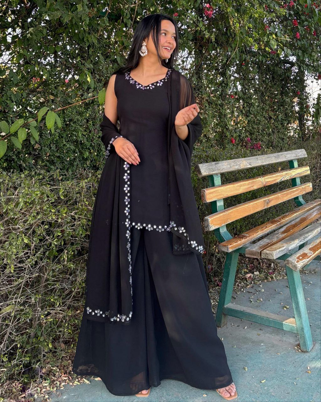 Ready To Wear Black & Yellow  Soft Georgette Embroidery Work Sharara Suit With Dupatta