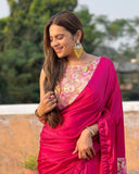 Ready To Wear Hot Pink Satin Silk Digital Printed Saree With Blouse
